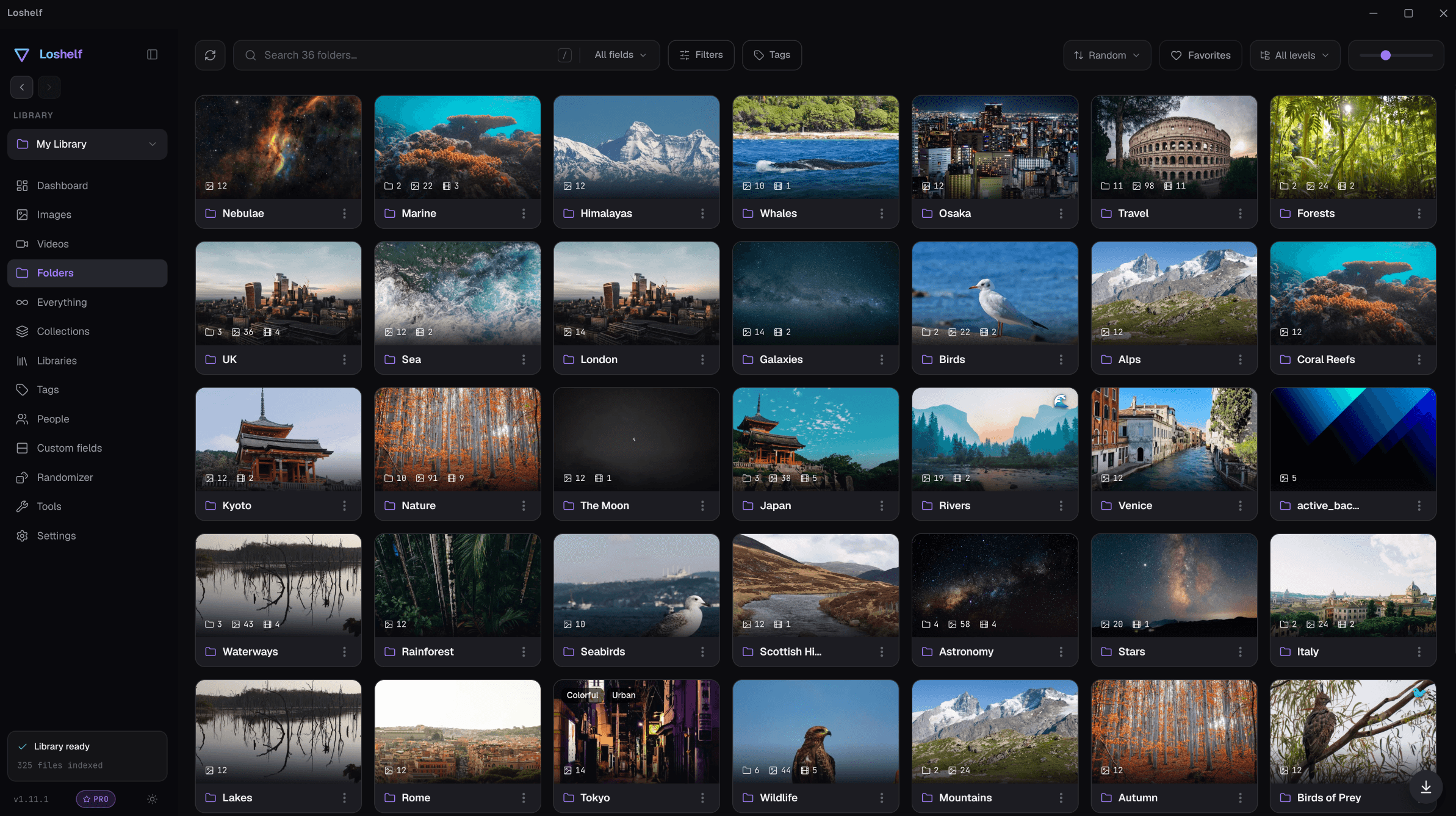 Loshelf folder gallery with cover images and tags