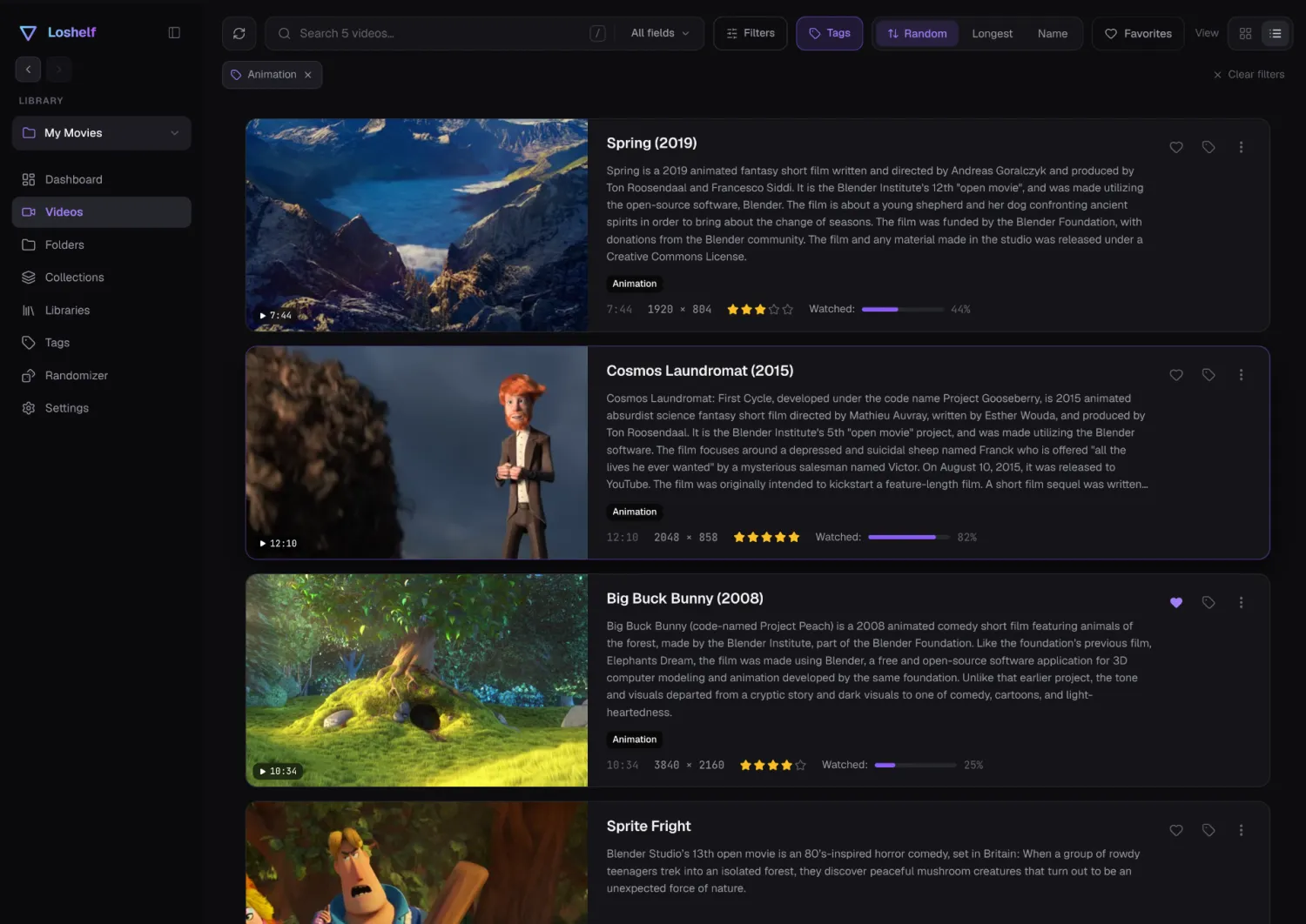Loshelf's video list view with descriptions, ratings and watched progress