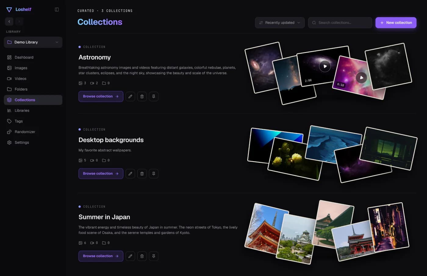 Loshelf collections page with curated photo and video collections