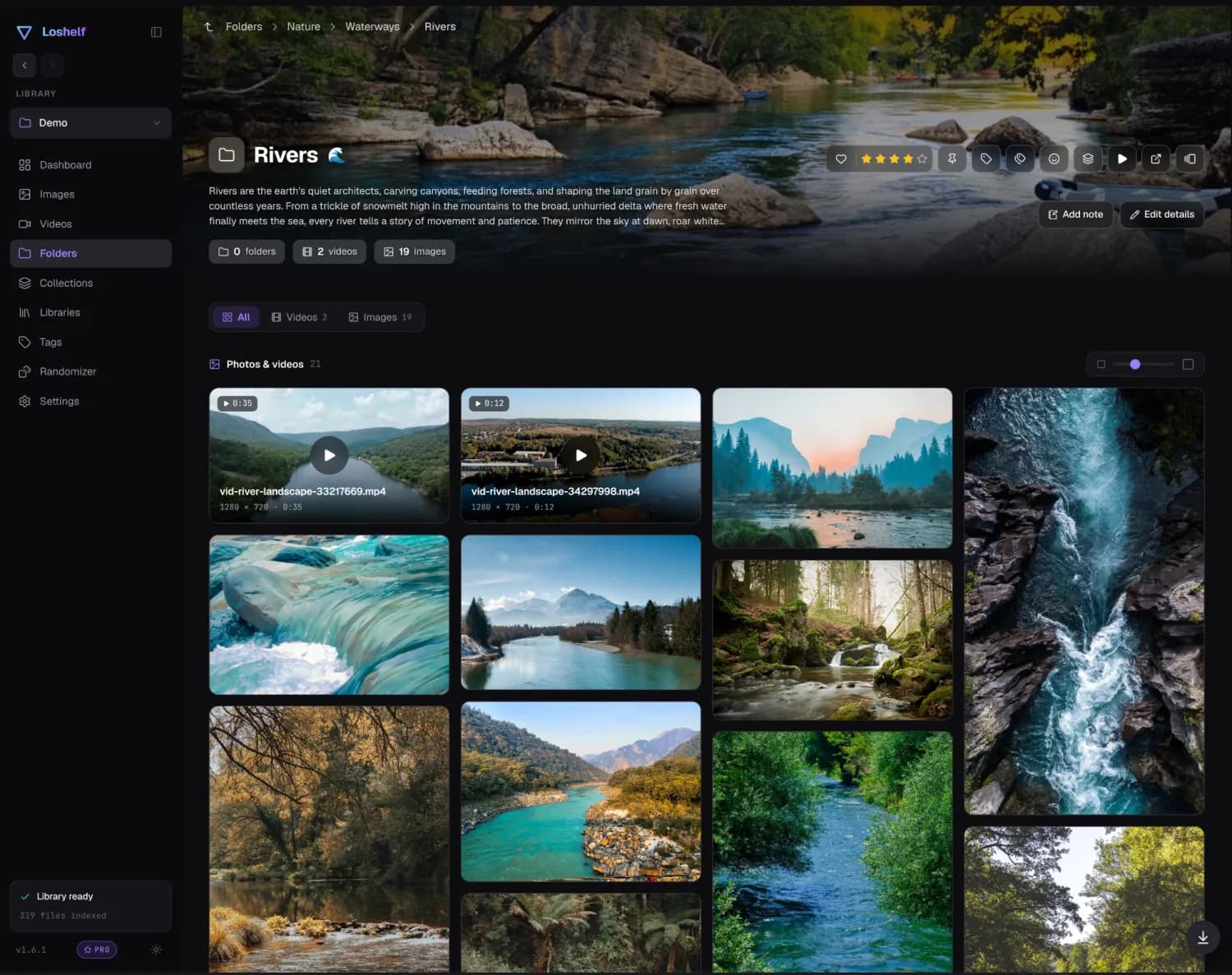 Loshelf photo library in a masonry grid view