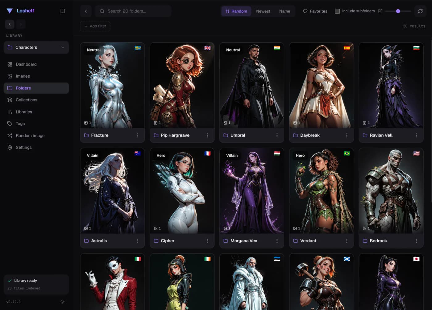 Loshelf folder gallery with cover images and tags