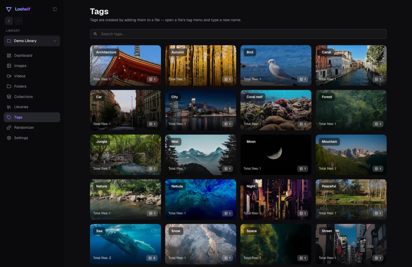 Loshelf tags page showing a visual grid of tag covers