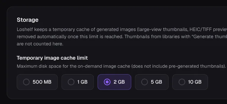 Loshelf's Storage setting with the image cache size limit