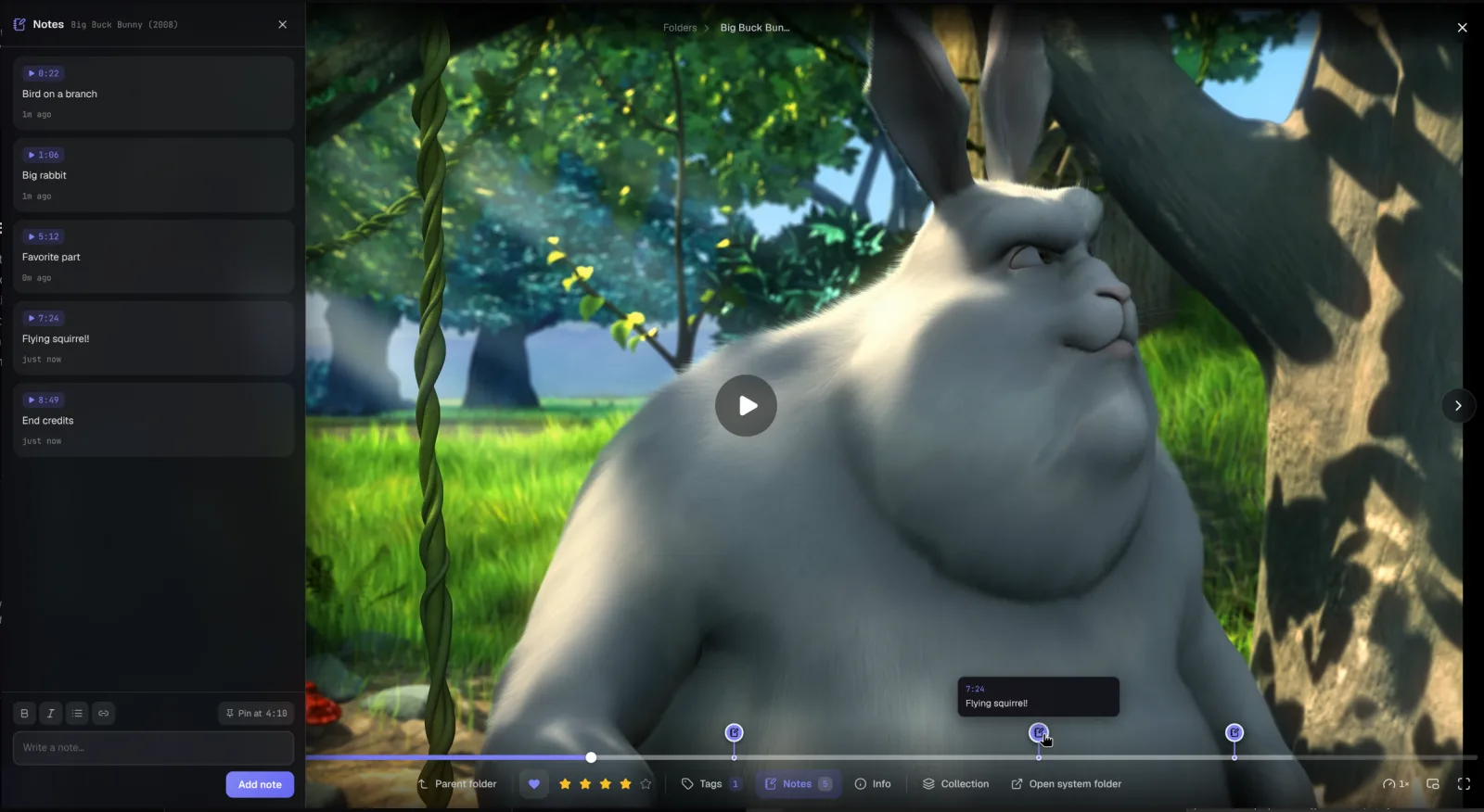 A video in Loshelf with timestamp markers on the scrub bar and the notes panel open