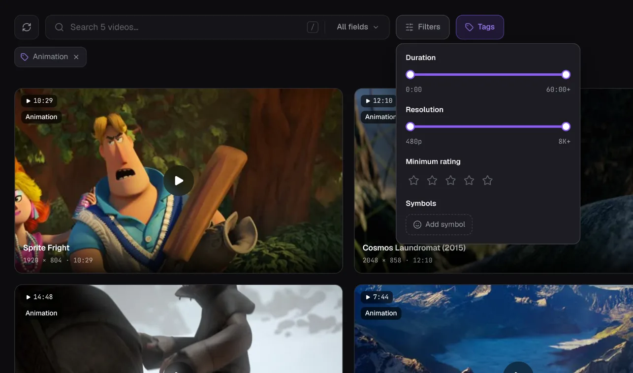 Loshelf's video filters for duration and resolution