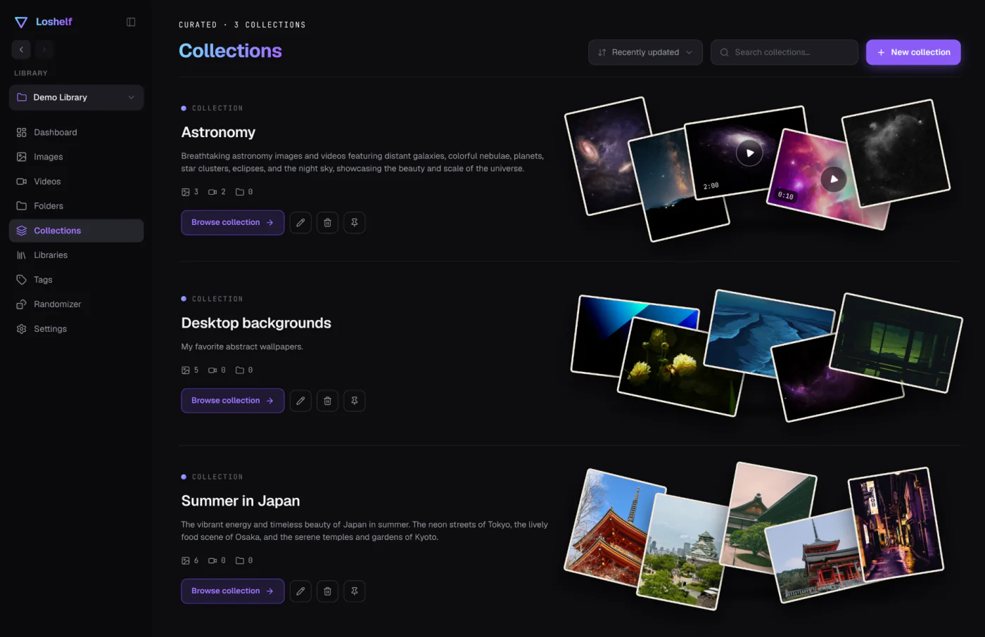 Loshelf collections page with curated photo and video collections