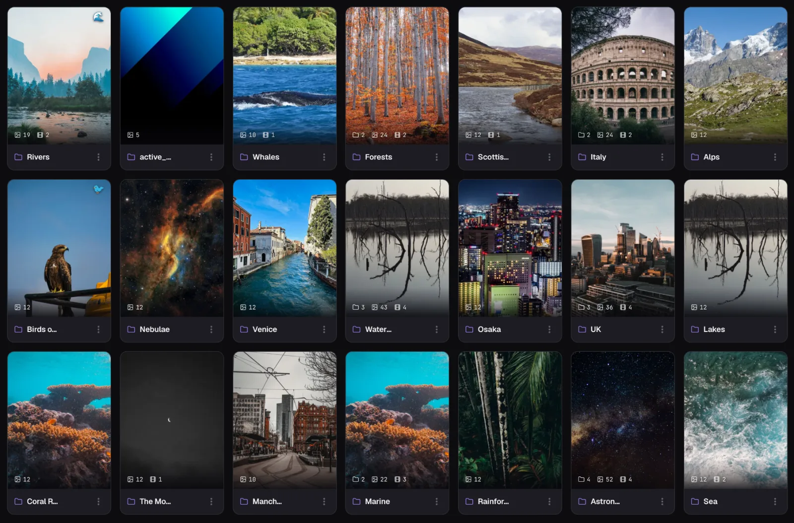 Loshelf's folder gallery of cards with cover images, counts and tags